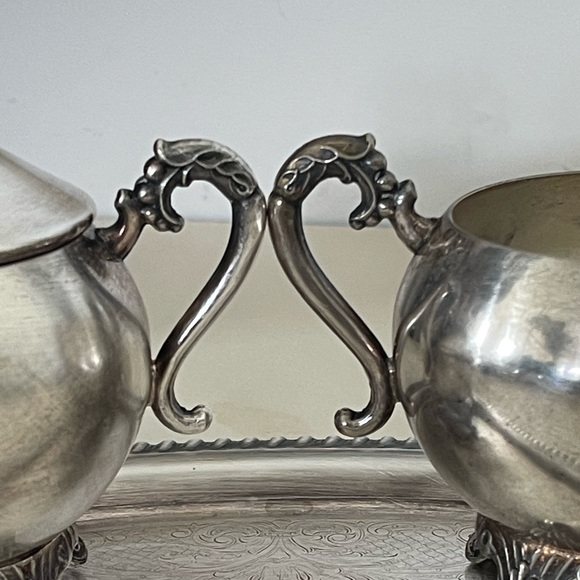 Creamer & Sugar Bowl w/ Tray Silver on Copper Silverplate Set Of 3 VTG - Picture 8 of 11